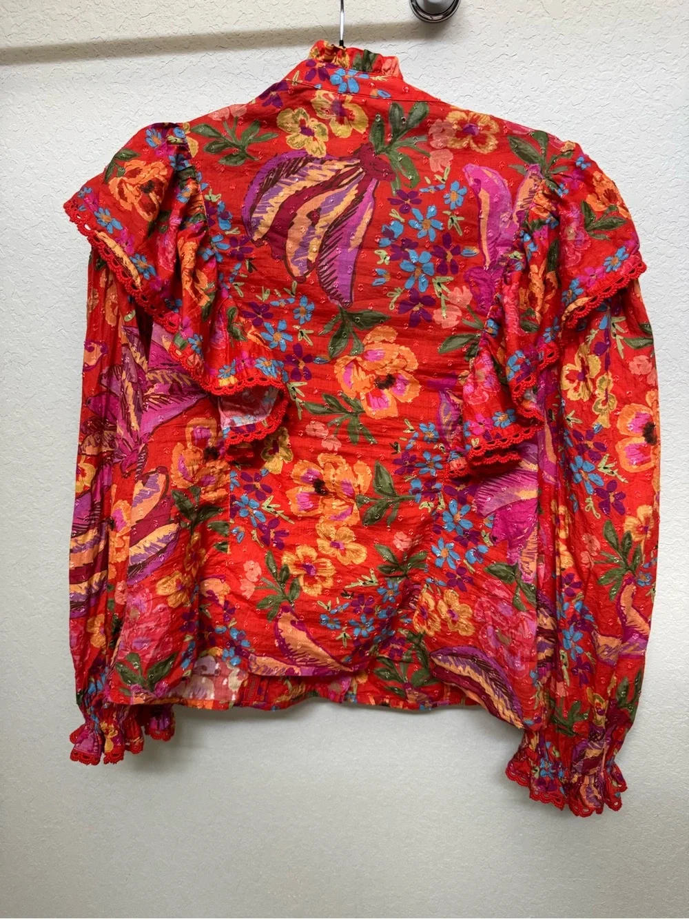 FARM Rio Red Spring Bananas Floral Ruffle V-Neck Puff Long Sleeve Blouse L